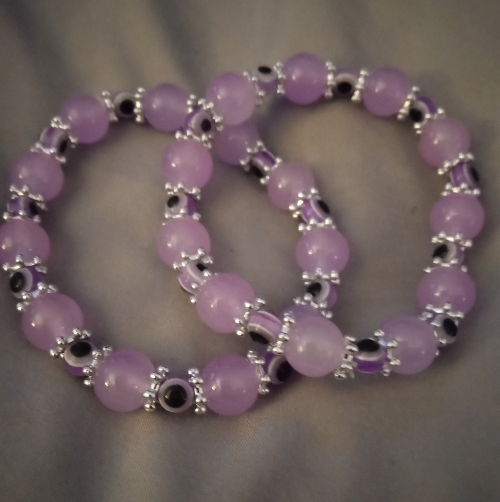 LAVENDER QUARTZ EVIL EYE BRACELET SET OF TWO FITS 6 TO 8 IN OFFERS WELCOME